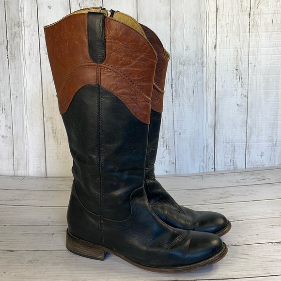 Justin Wizard Knee High Black and Mahogany Leather Riding Style Boots - Picture 1 of 14